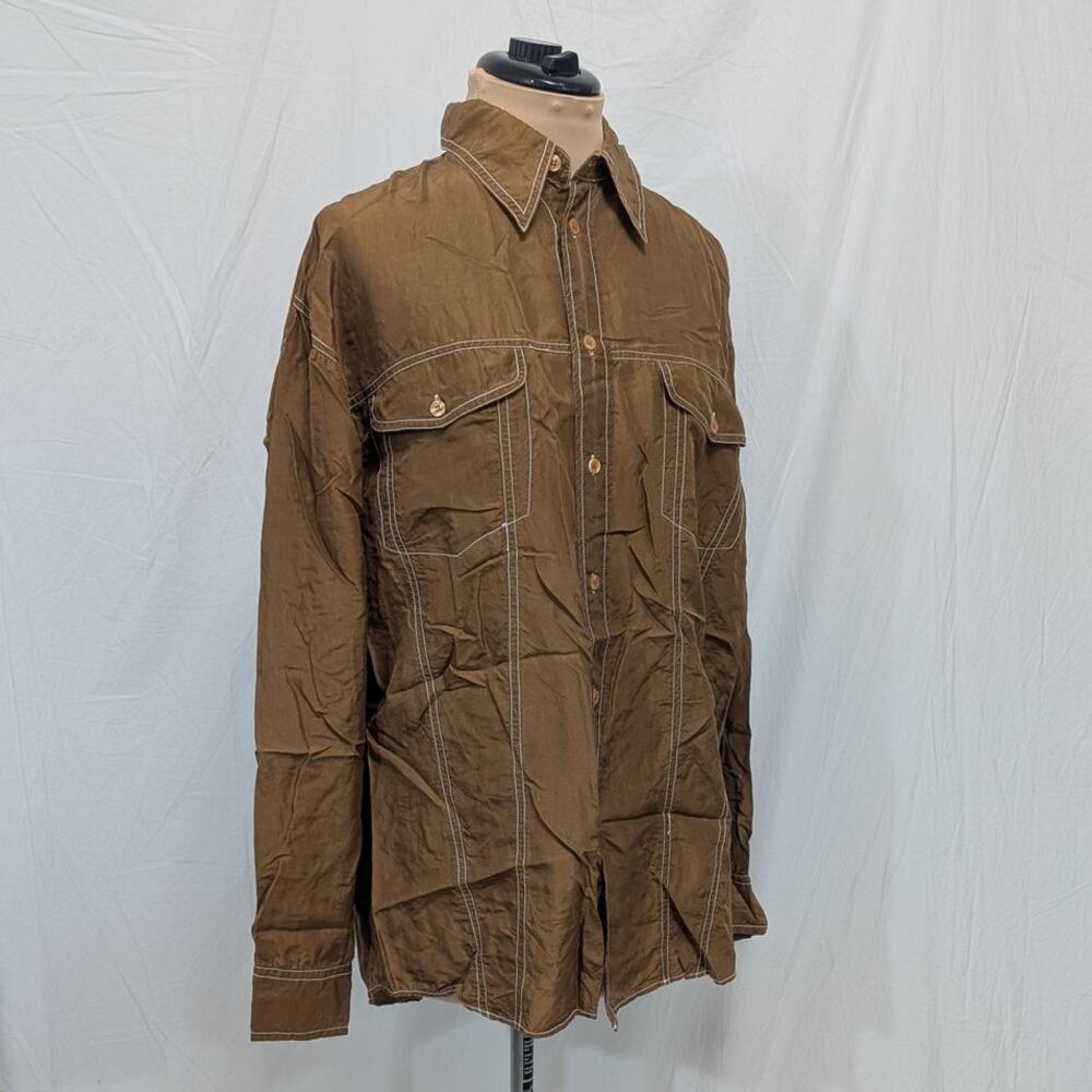 Brown 100% silk button‑front shirt by Tony Silk, size M Made in China